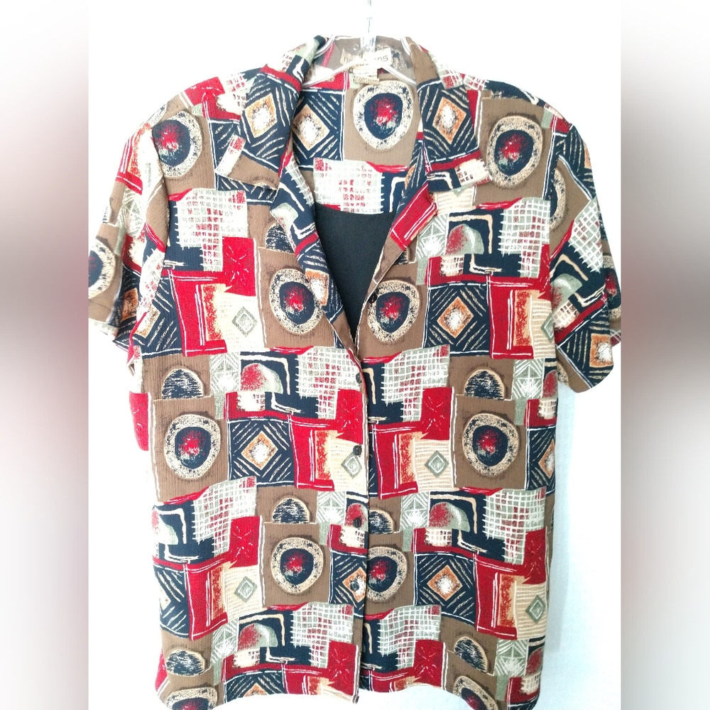 Notations Women's Camp Shirt Blouse Geometric Print Attached Tank Underneath XL